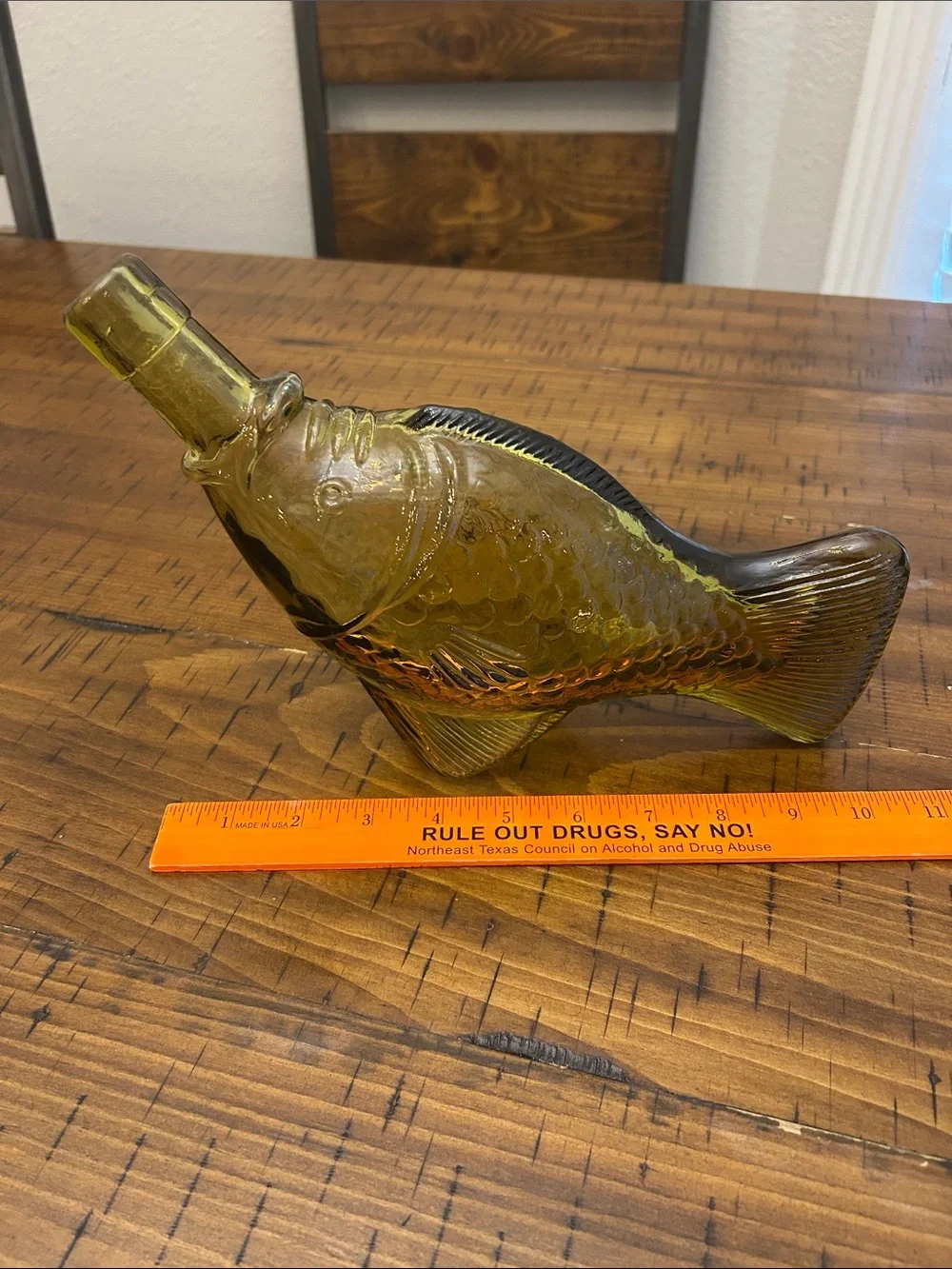 Vtg Art Glass Amber Fish Decanter Cork Barware Nautical Beach House 10”